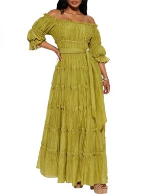 Nwot Fashion Nova Resortwear Olive Green Off Shoulder Gauzy Tiered Maxidress